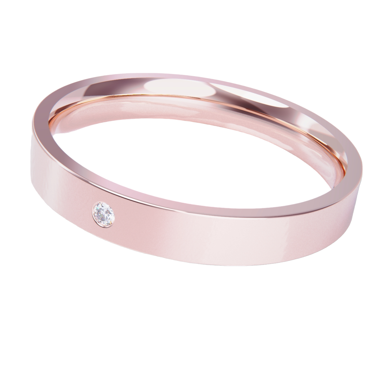 Alianza de boda oro rosa plana con diamante.