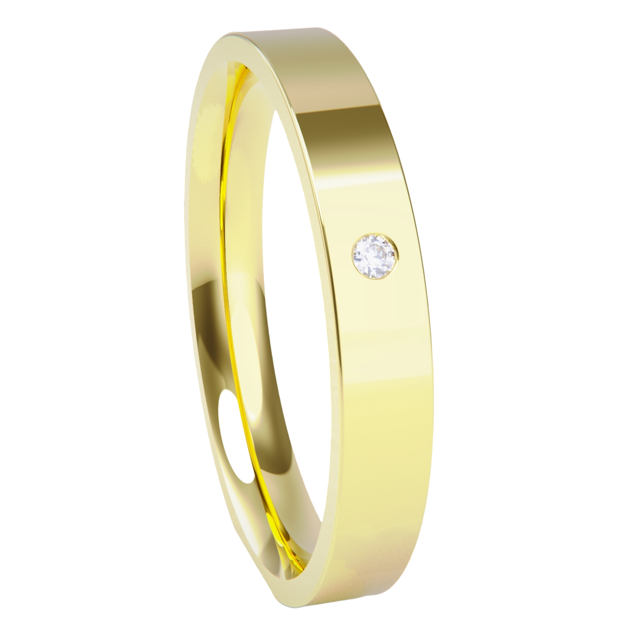 Alianza de boda oro amarillo plana con diamante.