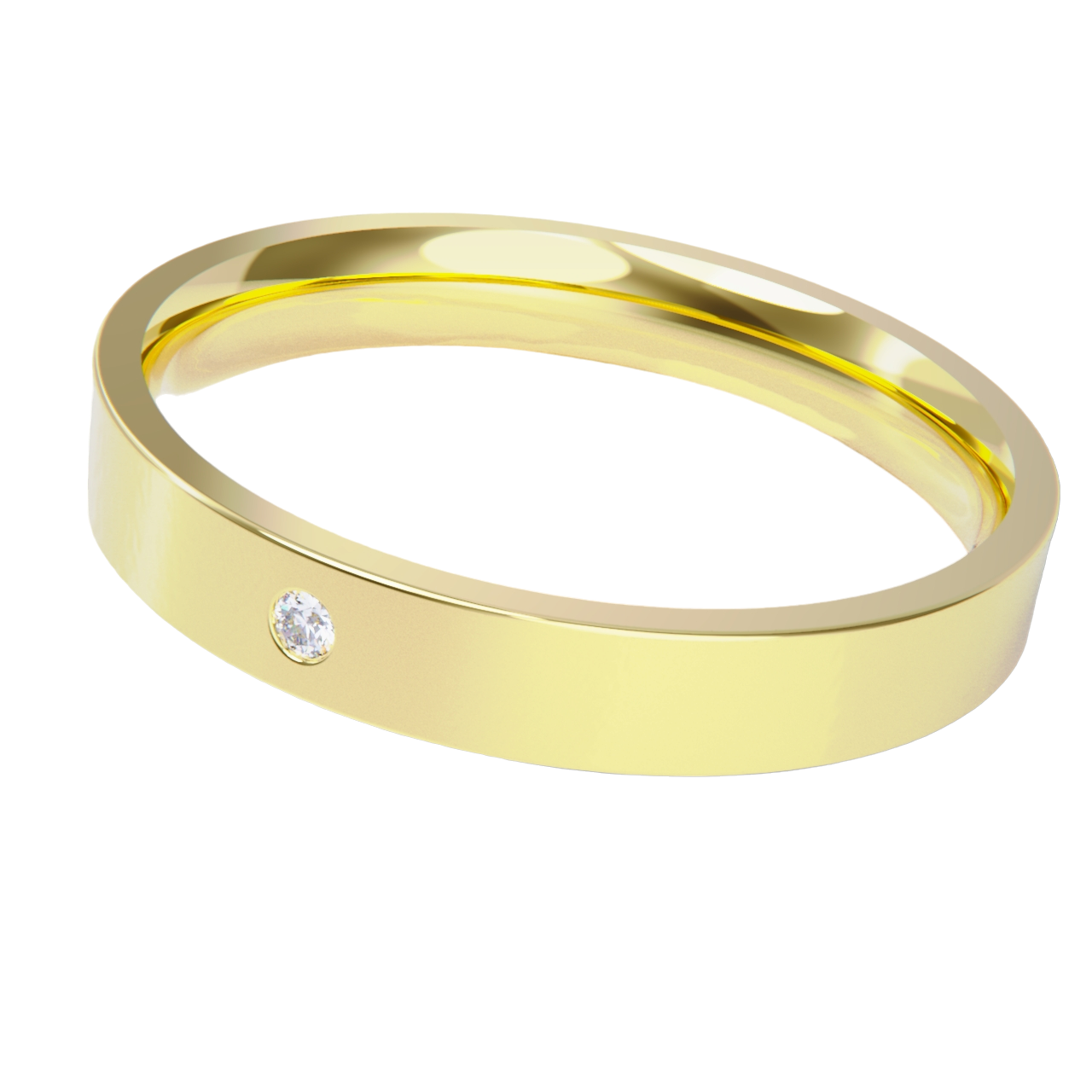 Alianza de boda oro amarillo plana con diamante.