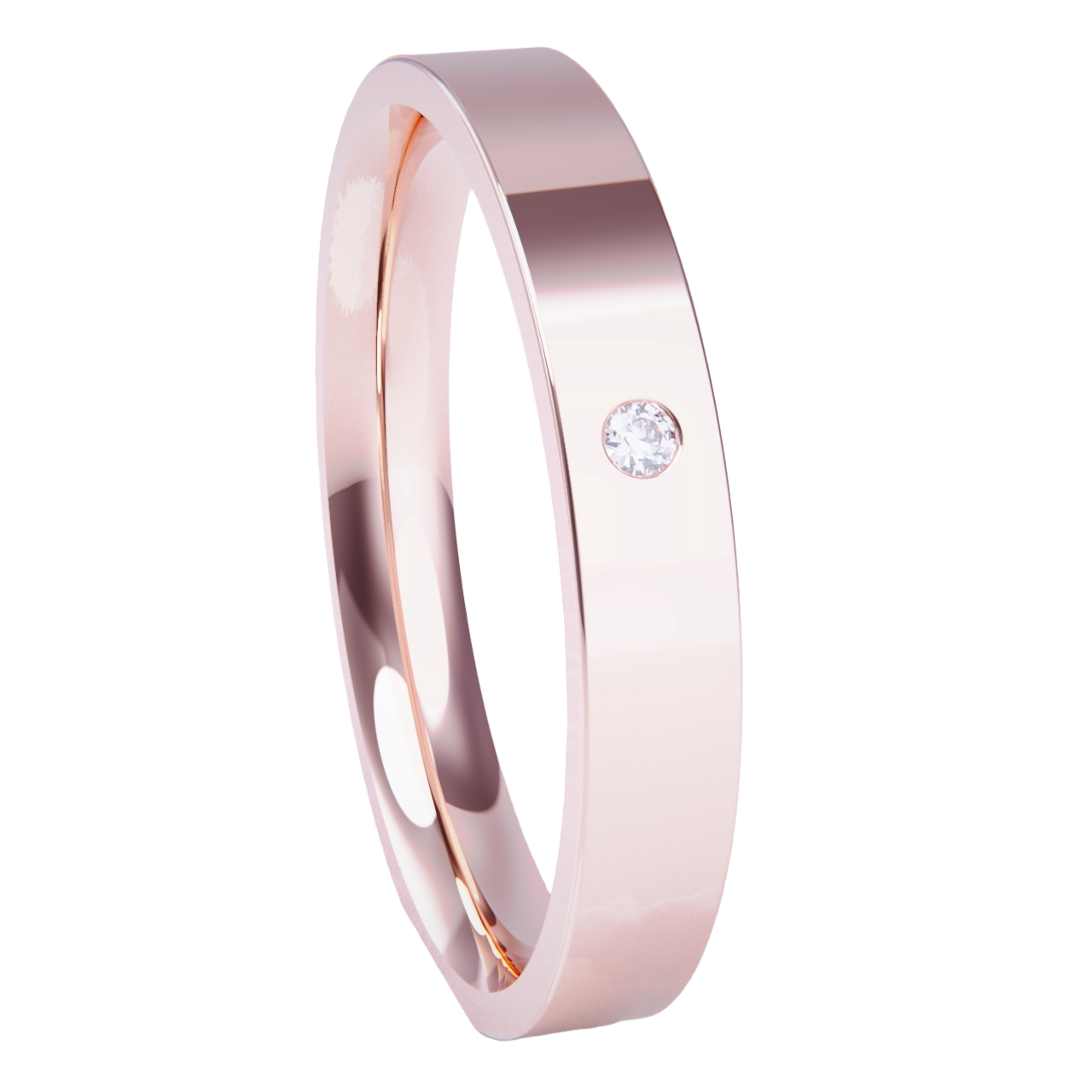 Alianza de boda oro rosa plana con diamante.