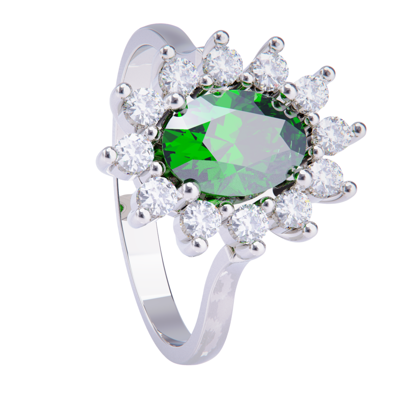 Anillo de compromiso platino con esmeralda y diamantes