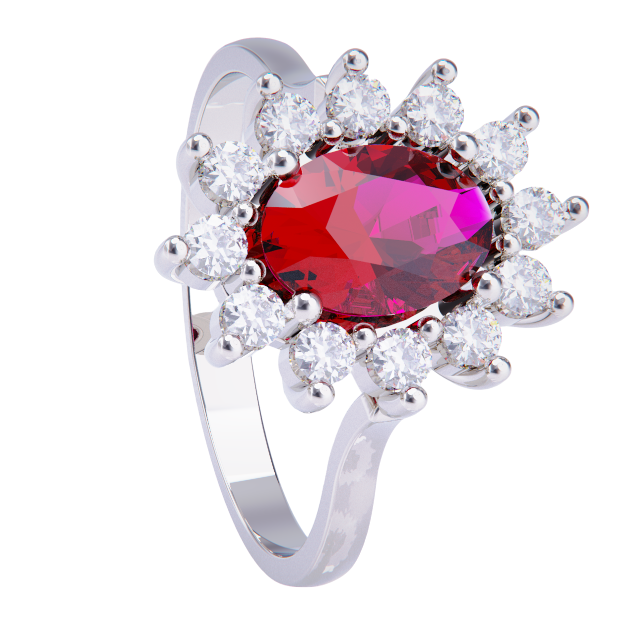 Platinum engagement ring with ruby and diamonds