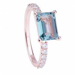 Anillo de compromiso oro rosa 18k. con aguamarina y diamantes