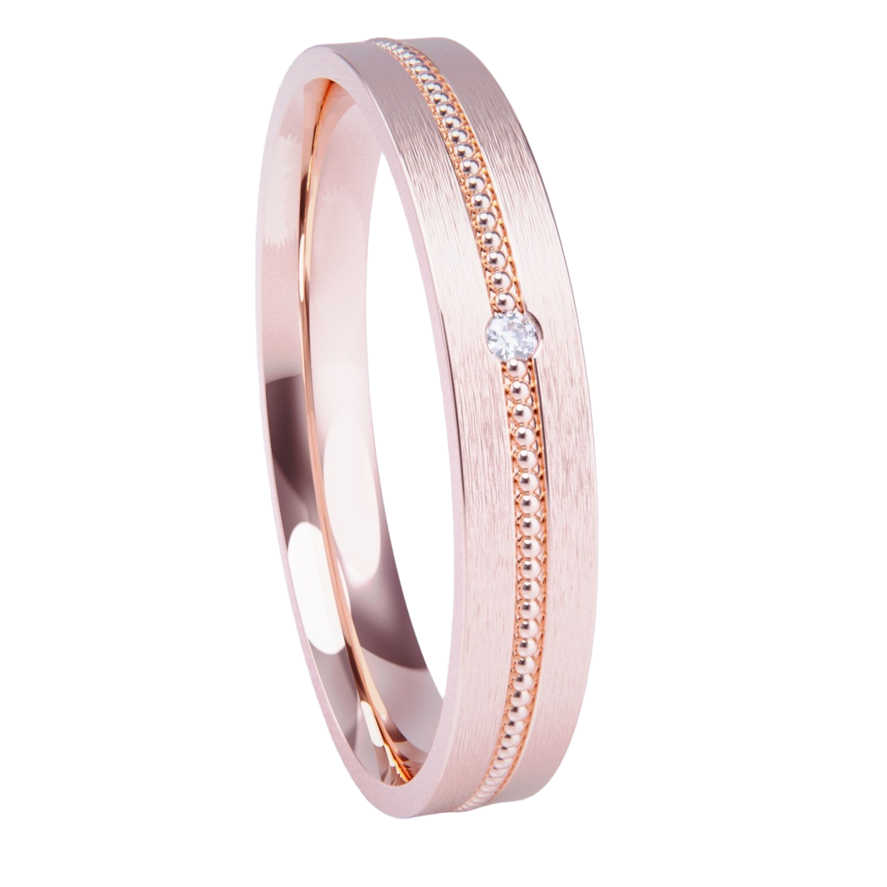 Alianza de boda en oro rosa con diamante.