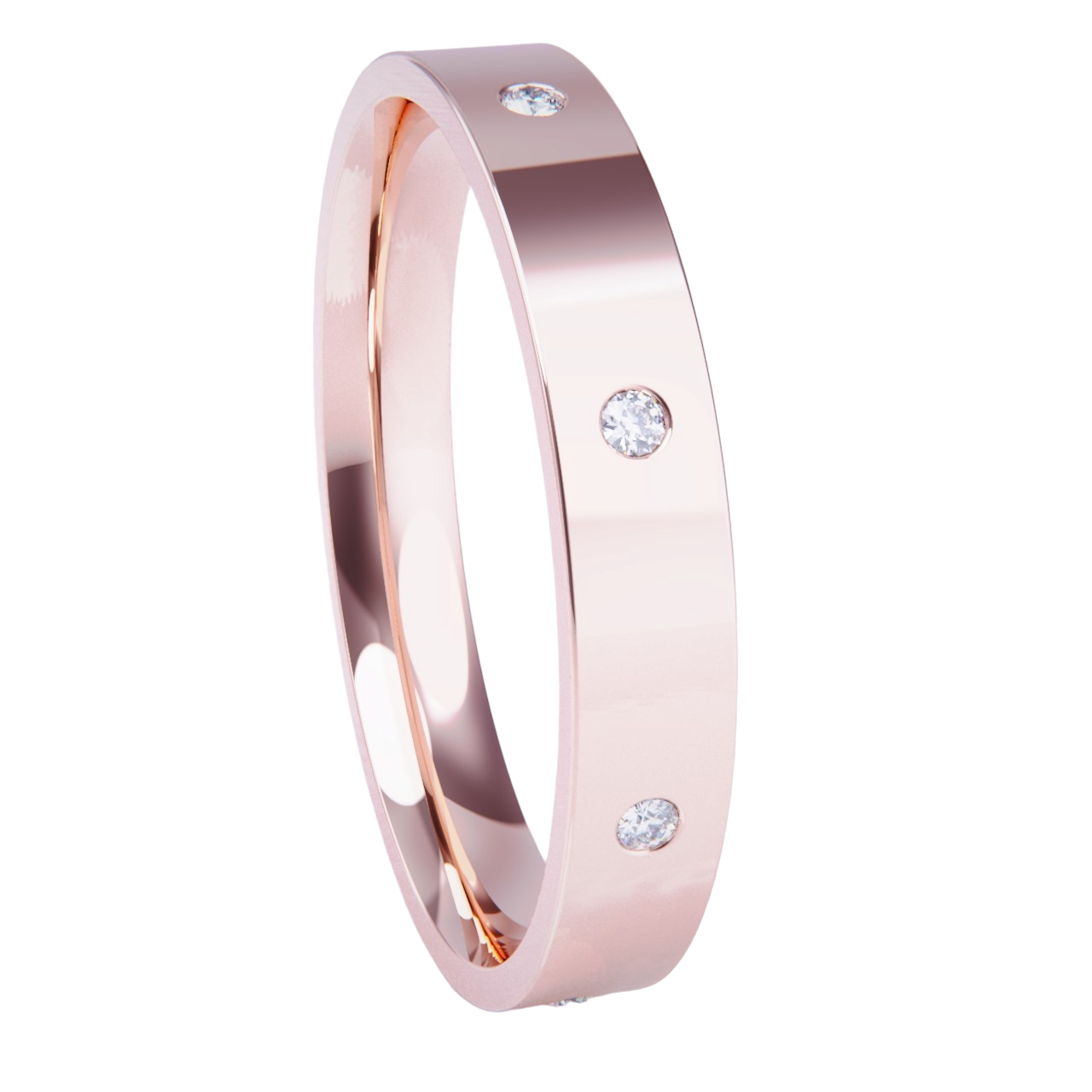 Alianza de boda en oro rosa con diamantes.